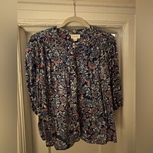 Velvet Women's Navy and Coral Floral Cotton Blockprint Blouse XL